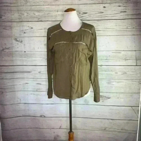 Free People olive green chain button down shirt Xs - Picture 1 of 8